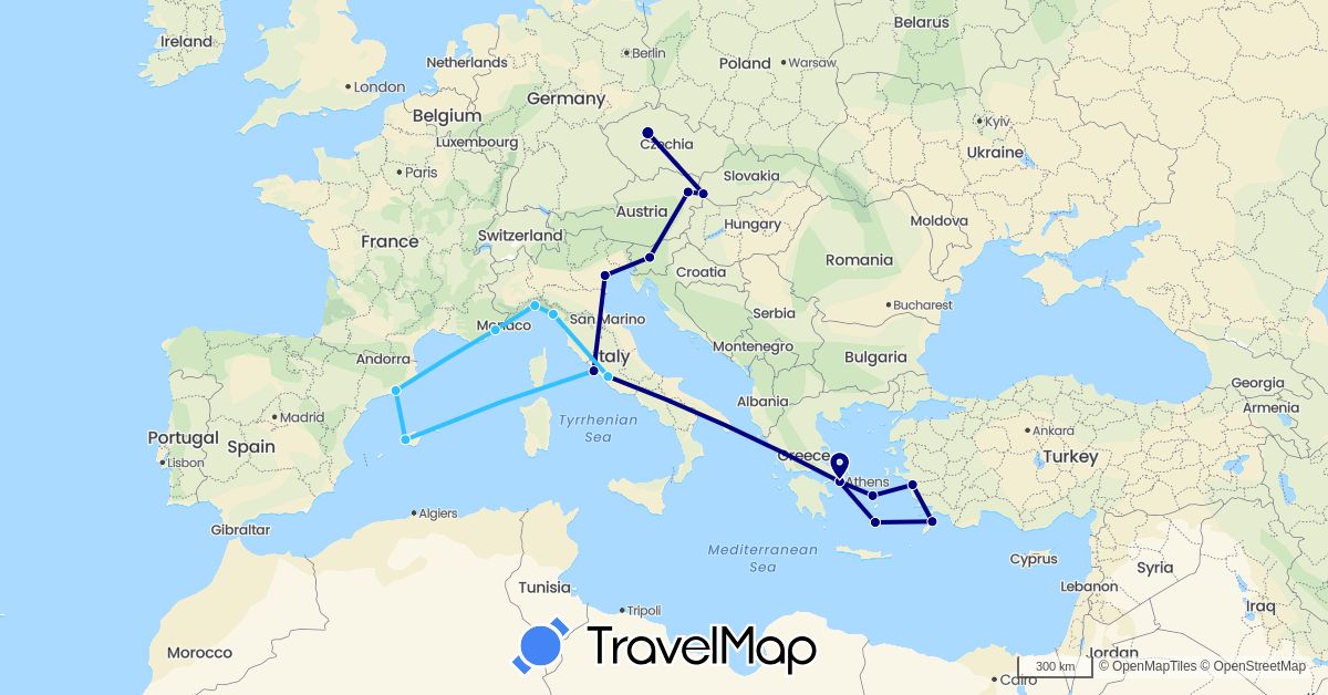 TravelMap itinerary: driving, boat in Austria, Czech Republic, Spain, France, Greece, Italy, Slovenia, Slovakia, Turkey (Asia, Europe)